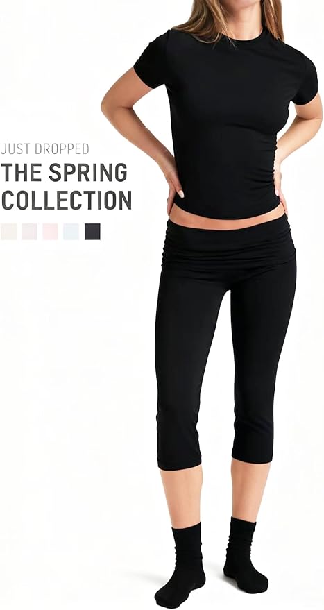 YETOWA Womens 2 Piece Workout Sets High Waisted Tummy Control Crop Top Capri Leggings Stretchy Soft Activewear