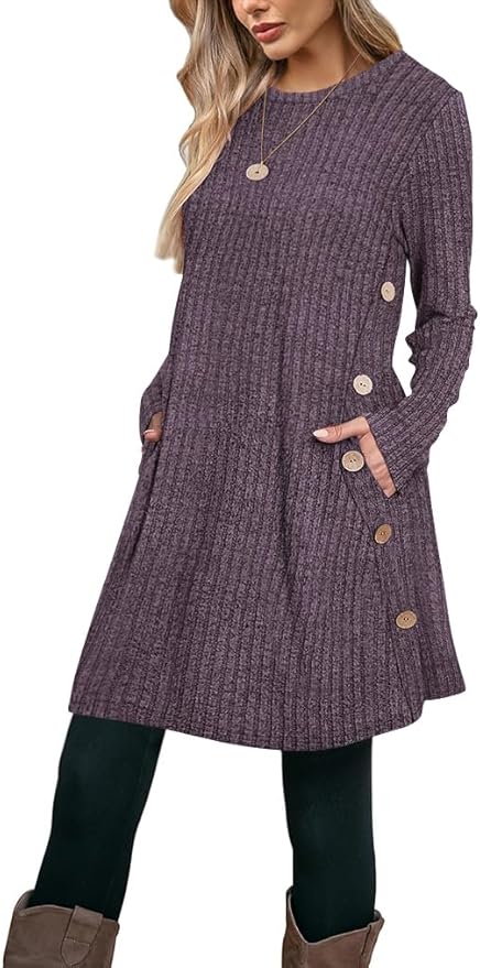 Poetsky Women Long Sleeve Tunic Tops to Wear with Leggings Side Buttons Long Shirts Rib Sweater Dress with Pockets S-3XL