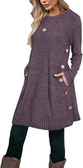 Poetsky Women Long Sleeve Tunic Tops to Wear with Leggings Side Buttons Long Shirts Rib Sweater Dress with Pockets S-3XL