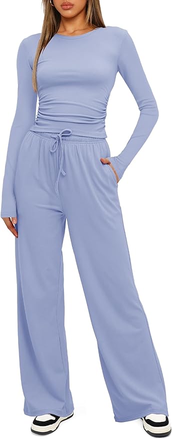 Darong Women's 2 Piece Outfits Lounge Sets 2026 Long Sleeve Tops Wide Leg Pants Casual Matching Set