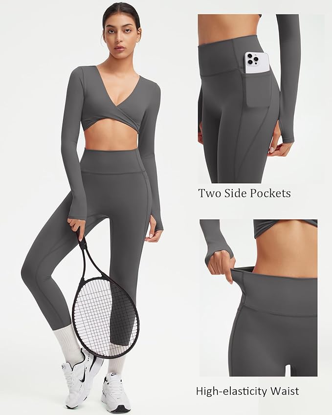 SUUKSESS Women 2 Piece Workout Sets Long Sleeve Twist Deep V Crop Padded Tops Yoga Leggings with Side Pockets