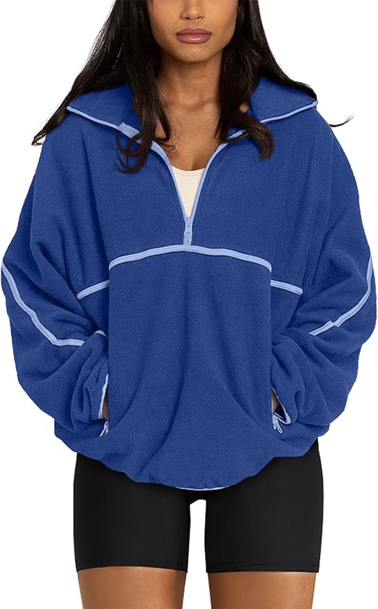 LASLULU Womens Half Zip Pullover Sweatshirt Sherpa Fleece Jacket Oversized Sweatshirts Warm Fuzzy Sweaters Pockets