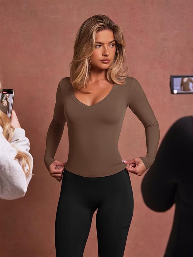 LASLULU Womens Long Sleeve Sexy V Neck T Shirts Basic Workout Tops Athletic Yoga Casual Crop Top