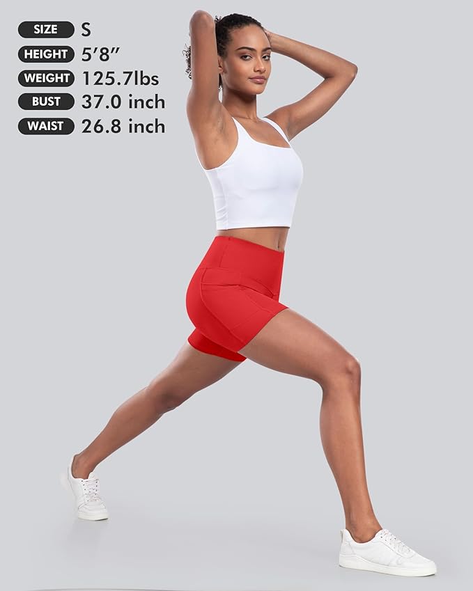 CHRLEISURE Womens Biker Yoga Shorts with Pocket, High Waisted Tummy Control 5 Inch Workout Spandex Athletic Gym Shorts