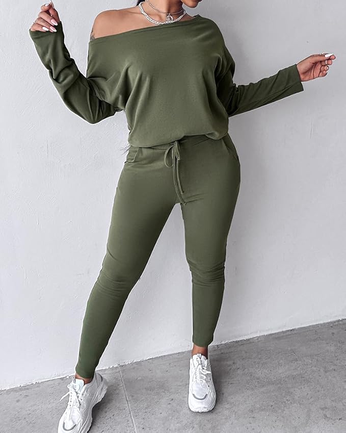 CHICME Women Tracksuit Fall 2 piece Outfits Off The Shoulder Long Sleeve Tops and Pants Set Travel Outfits