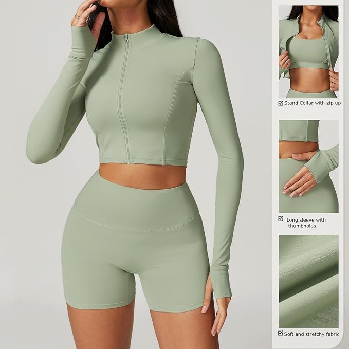 Yknktstc Womens Full Zip Athletic Jacket with Thumbhole Long Sleeve Crop Top Running Workout Yoga Sportswear Shirt