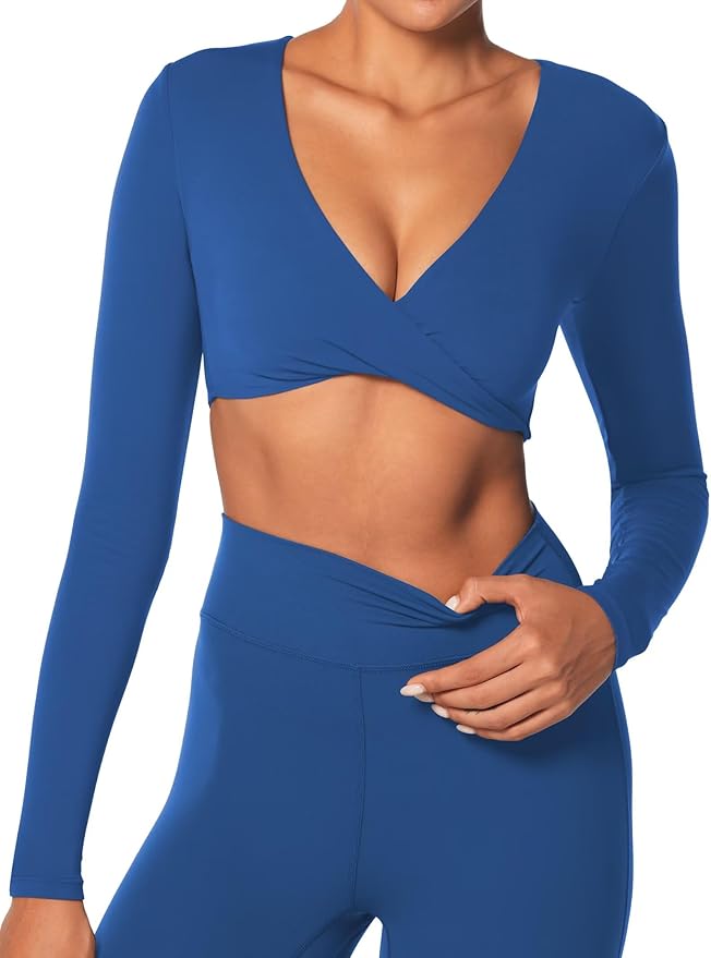 Sunzel Long Sleeve Workout Tops for Women Buttery Soft Deep V Twist Cropped Tops with Compression for Yoga Pilates Gym Outfit
