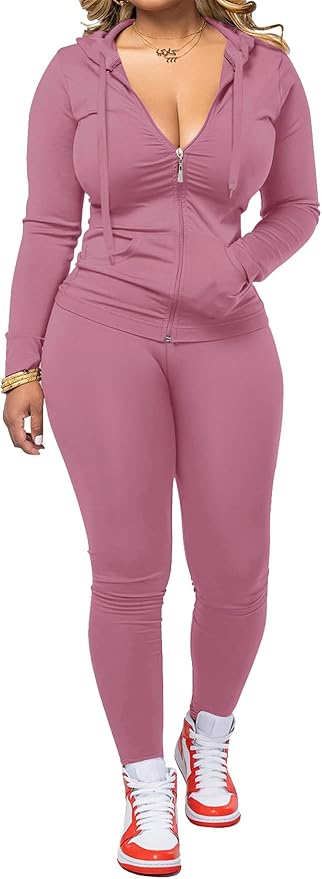 Women Two Piece Outfits Workout Sets Bodycon Legging Jacket Tracksuit Zip Up Hoodie Jogger Matching Sweat Pants Set