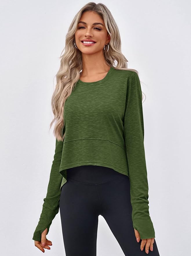 Aurgelmir Womens Long Sleeve Cropped Tops Loose Workout Athletic T-Shirts Flowy Sweatshirt for Yoga Tiered Hem Gym Tees