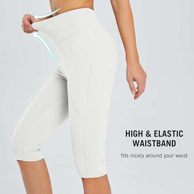baleaf Women's Capri Leggings with Pockets High Waisted Knee Length Capris Stretch for Casual Yoga Pants Workout Exercise