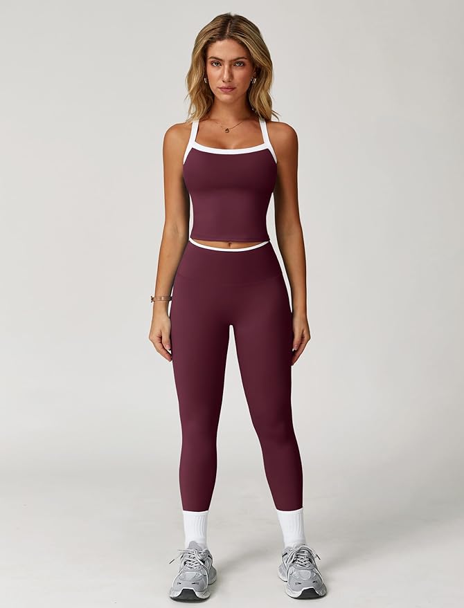 QBGJTD Womens Workout Sets Two Piece Cross Back Tank Top Matching High Waist Leggings Sets Gym Outfits Work Out Clothes