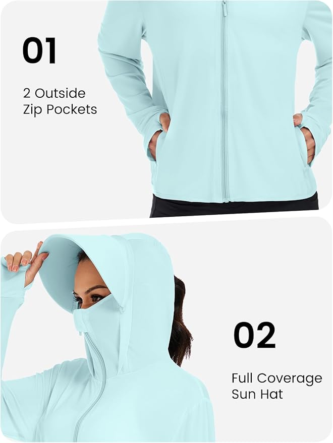VUTRU Women UPF 50+ Sun Protection Jacket Hoodie Lightweight Full Zip Pockets Running Shirts Long Sleeve for Hiking Outdoor