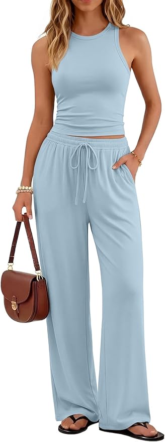 Trendy Queen Women's 2 Piece Summer Lounge Sets Butter Soft Tank Top & High Waisted Wide Leg Pants with Pockets