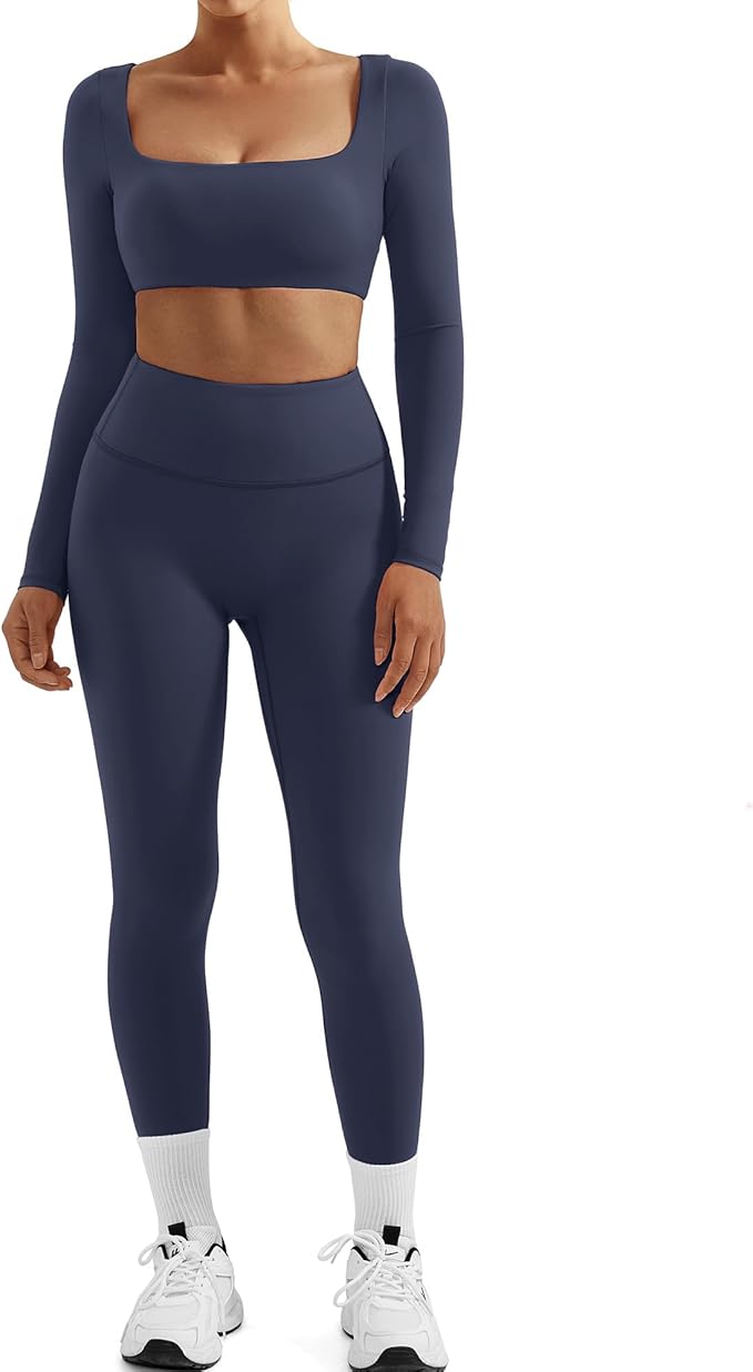 SUUKSESS Women 2 Piece Workout Sets Compression Tummy Control Leggings with Pockets Long Sleeve Square Neck Padded Crop Tops