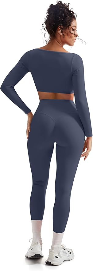 SUUKSESS Women 2 Piece Workout Sets Compression Tummy Control Leggings with Pockets Long Sleeve Square Neck Padded Crop Tops
