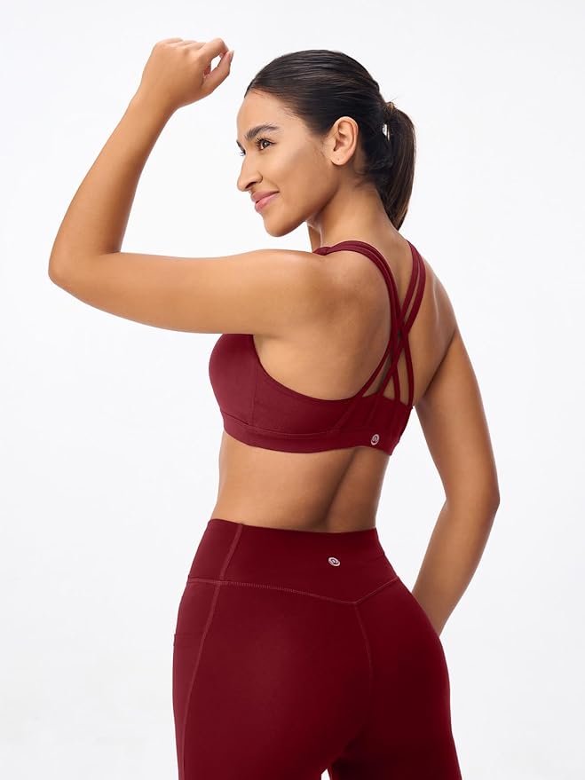 Women's Strappy Sports Bras Light Compression Crop Criss Cross Back Padded Workout Yoga Bra Supportive U Neckline