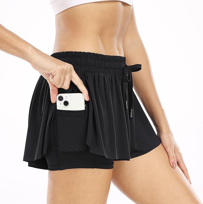 Wsirmet Flowy Shorts for Women Butterfly Shorts 2 in 1 Athletic Workout Gym Biker Running Shorts with Pockets
