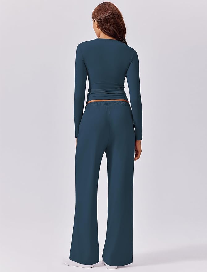 PINSPARK Women 2 Piece Lounge Set Long Sleeve Cropped Top Wide Leg Pants with Pockets 2024 Fall Outfits Matching Tracksuit
