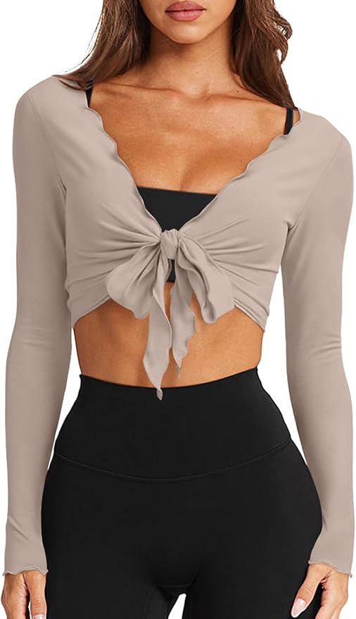 LASLULU Womens Tie Front Wrap Tops Long Sleeve Bolero Shrugs Crop Cardigan Yoga Ballet Cover up Tops Pilates Outfits
