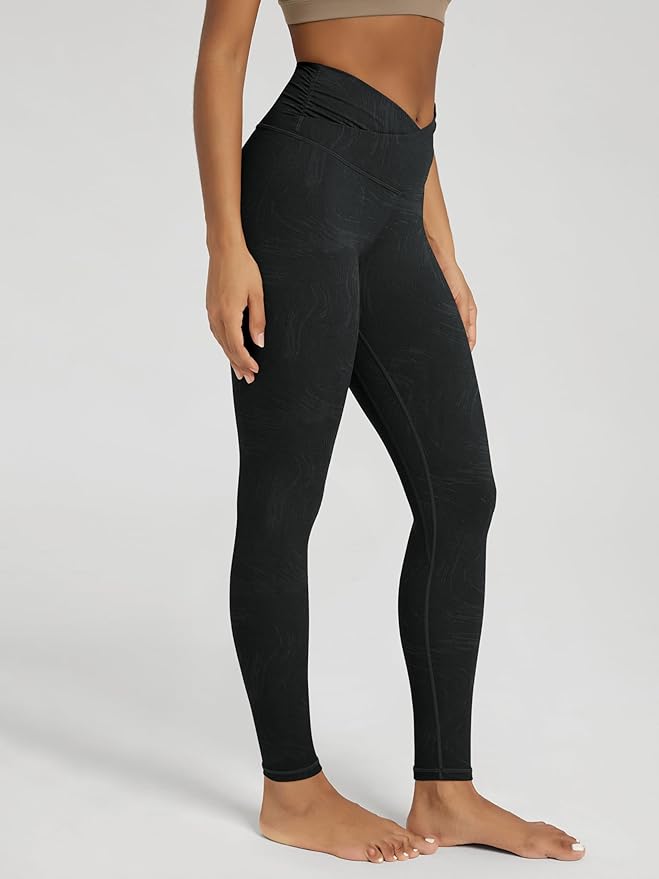 ODODOS Women's Cross Waist Yoga Leggings with Inner Pocket, 23"/25"/28" Gathered Crossover Workout Yoga Pants