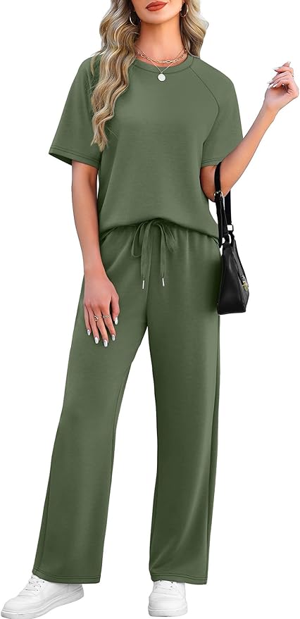 WIHOLL 2 Piece Sets for Women Resort Wear Travel Vacation Outfits Summer Short Sleeve Lounge Sets