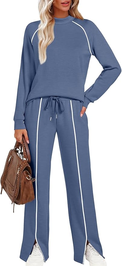 WIHOLL Lounge Sets for Women 2 Piece Fall Outfits 2025 Wide Leg Pant Matching Sets Womens Clothing