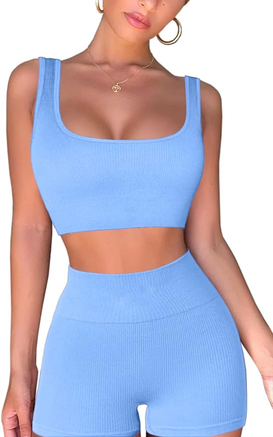QINSEN Workout Sets for Women 2 Piece Seamless Ribbed Crop Tank High Waist Shorts Yoga Outfits