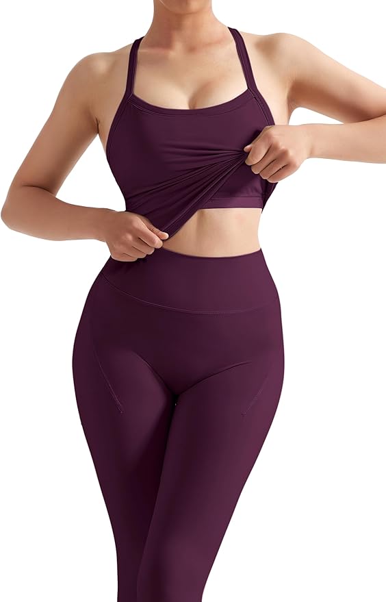 SUUKSESS Women 2 Piece Workout Sets Compression Tummy Control Leggings with Pockets Halter Built in Bra Tank Tops
