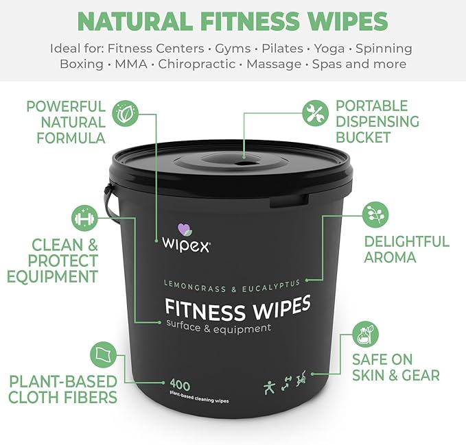 Wipex Gym Cleaning Wipes Bundle - Get (1) 400ct Lemongrass Surface Wipes & (1) 225ct Body Cloths for After Workout, Plant-Based Fitness Equipment Wipes, Clean Surfaces & Mats and Peloton Bike