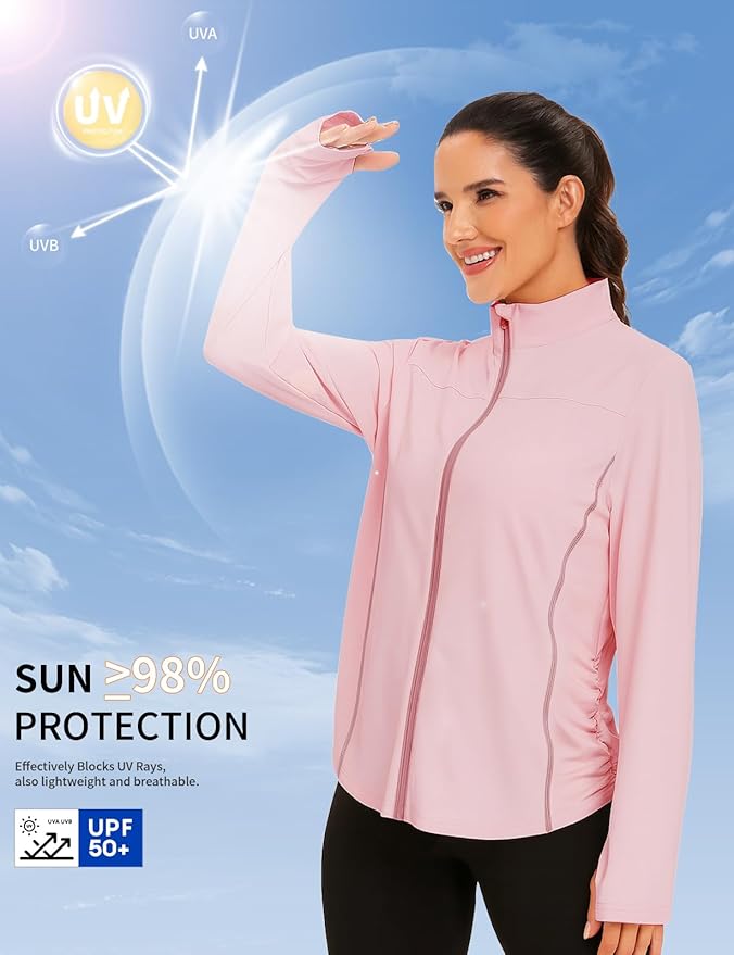 Vldnery Women's UPF 50+ Sun Protection Lightweight Jacket Zip Up Long Sleeve Sun Shirt for Women with Thumb Hole Hiking