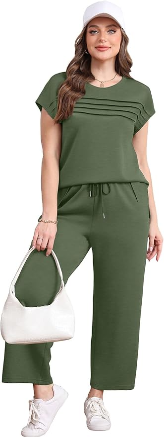 WIHOLL Two Piece Sets for Women Summer Spring Travel Vacation Outfits Cap Sleeve Lounge Matching Sets Wide Leg Pants S-3XL
