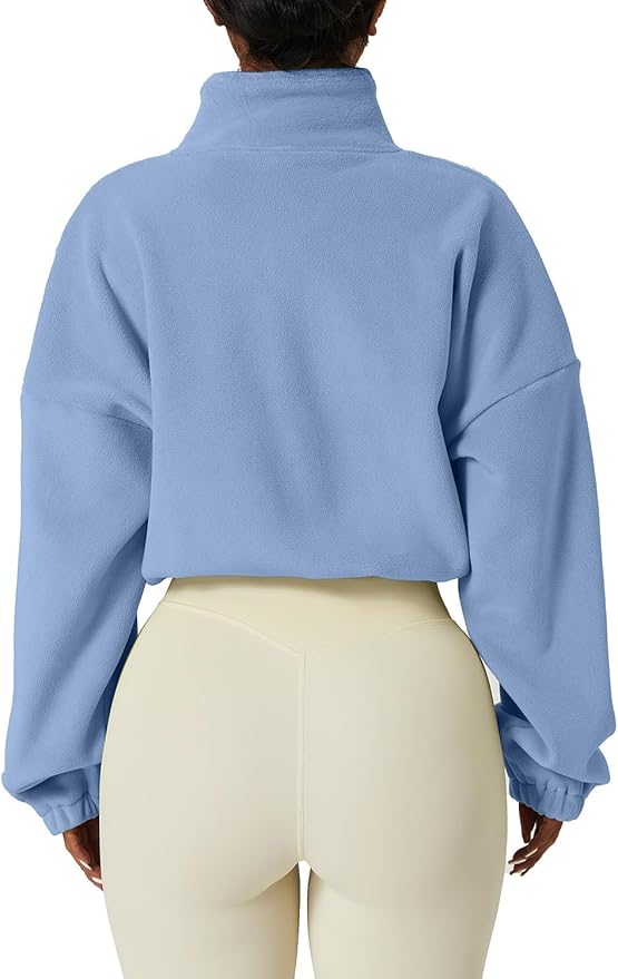 QINSEN Women's Full Zip Fleece Short Jacket Warm Winter Long Sleeve Stand Collar Sherpa Crop Coat