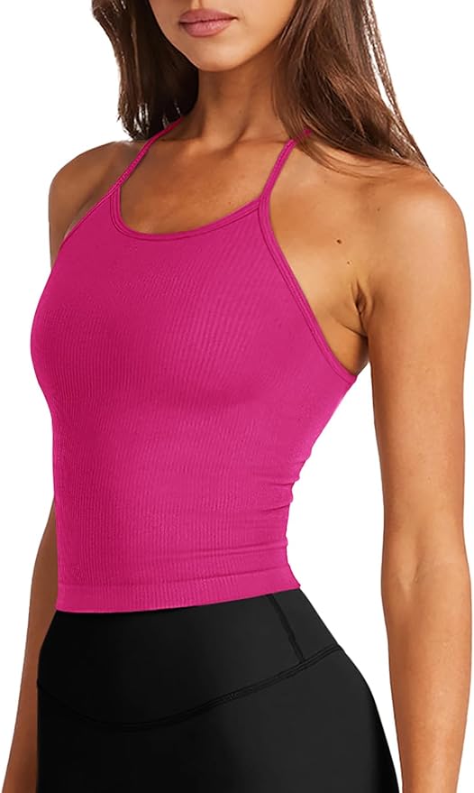LASLULU Womens Sports Bra Seamless Long Crop Tank Racer Back Spaghetti Strap Workout Yoga Bra Padded Halter Neck Casual Tops