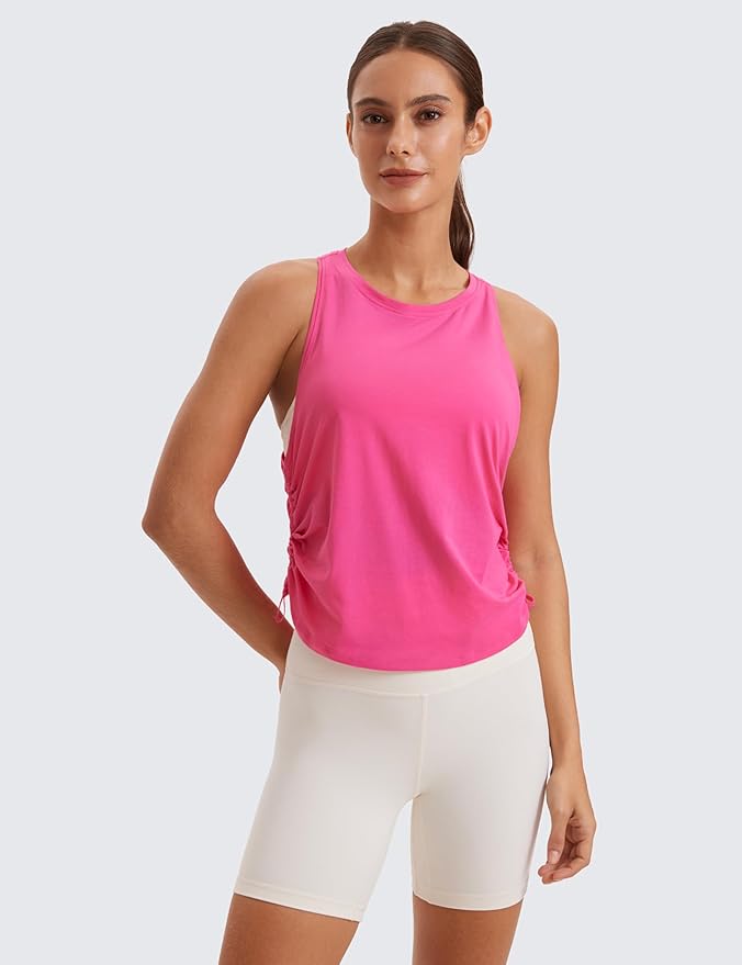 CRZ YOGA Pima Cotton Ruched Side Tank Tops for Women - Workout Athletic Casual Racerback Crewneck Loose Sleeveless Shirts