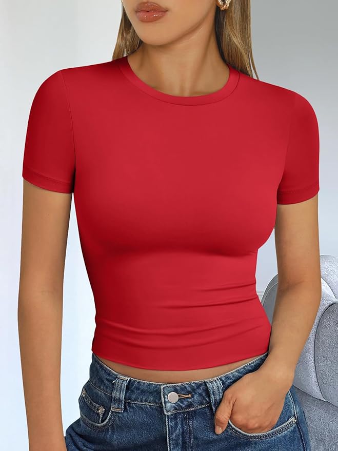 Trendy Queen Womens Short Sleeve T Shirts - Buttery Soft Summer Crop Tops Slim Fit Y2k Basic Tees for Workout