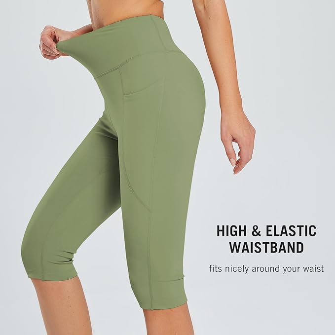 baleaf Women's Capri Leggings with Pockets High Waisted Knee Length Capris Stretch for Casual Yoga Pants Workout Exercise