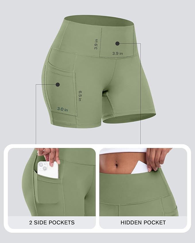CHRLEISURE Womens Biker Yoga Shorts with Pocket, High Waisted Tummy Control 5 Inch Workout Spandex Athletic Gym Shorts