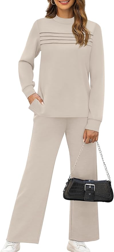 WIHOLL Two Piece Sets for Women Spring Travel Vacation Outfits 2026 Long Sleeve Lounge Sets Side Slit Wide Leg Pants S-3XL
