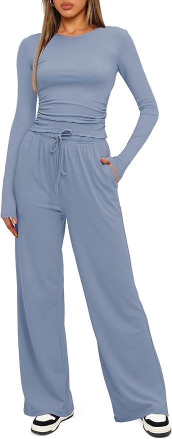 Darong Women's 2 Piece Outfits Lounge Sets 2026 Long Sleeve Tops Wide Leg Pants Casual Matching Set