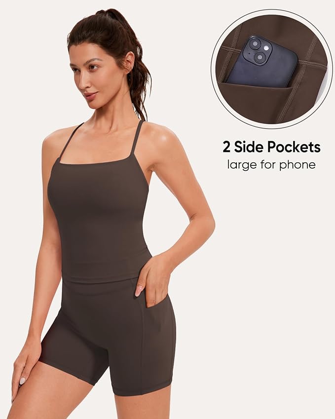 OMKAGI Workout Sets for Women Cute Spaghetti Strap Tank Tops Booty Shorts Outfits with Pockets
