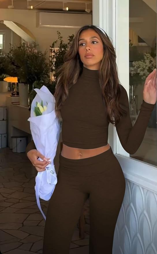 ZFLM Casual Workout Two Piece Outfits Long Sleeve High Waist Fold-Over Flared Leggings Pants Tracksuit Sets Streetwear