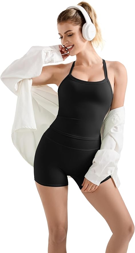 SUUKSESS Women 2 Piece Workout Sets High Waisted Tummy Control Biker Shorts Halter Padded Tank Tops