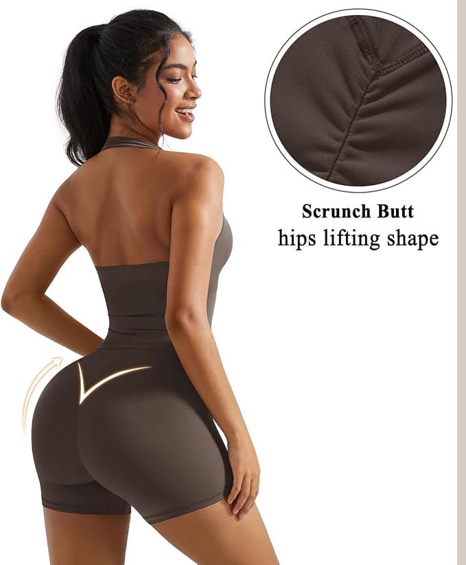 OMKAGI 2 Piece Workout Sets for Women Halter Sports Bra Tank Gym Biker Shorts Outfits