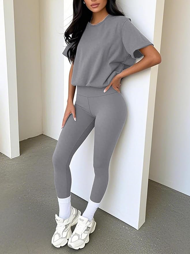 ZFLM casual sportswear 3-piece set high waist tight pants yoga pants short sleeved round neck yoga set