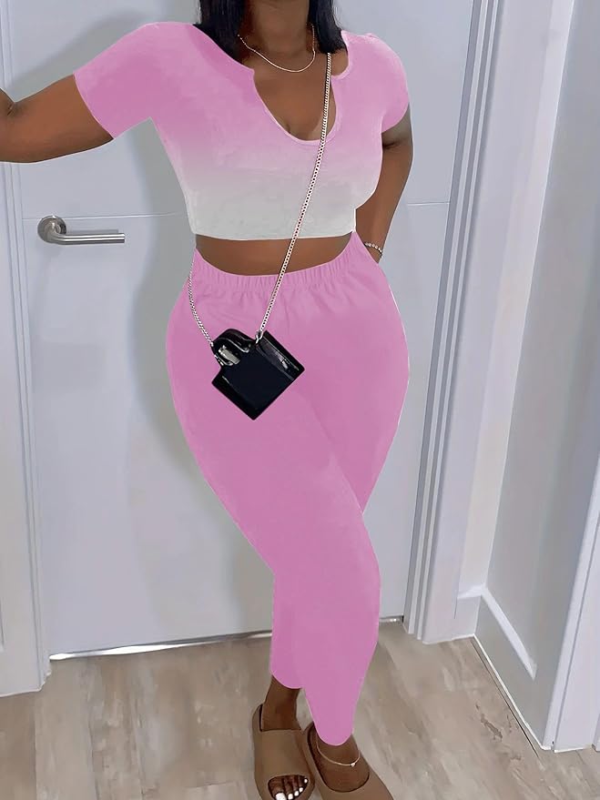 Nimsruc 2 Piece Sets For Women Sexy Casual Workout Crop Short Sleeve Long pants Leggings Sets Summer Active Wear