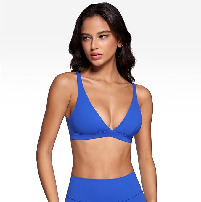 INGIA Womens Deep V-Neck Sports Bra Padded Low Impact Fitness Yoga Bra U Back Wireless Workout Bra Contour Crop Top