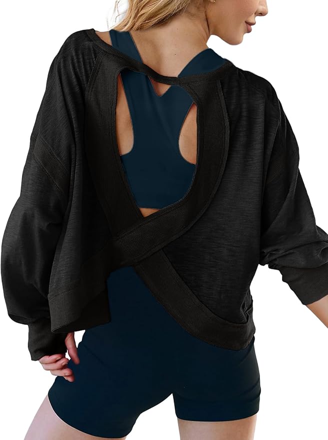 UNIANKIYA Open Back Workout Tops for Women Long Sleeve Cropped Athletic Clothes Gym Running Yoga Low Impact Sports T Shirts