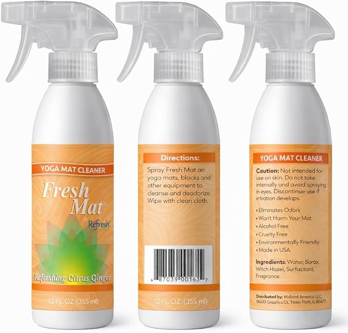 Fresh Mat Yoga Mat Cleaner Spray - Natural Deodorizing Cleaner for Yoga Mats & Fitness Equipment - No-Rinse, Residue-Free Formula with Witch Hazel & Essential Oil, Refreshing Citrus Ginger (12 fl oz).