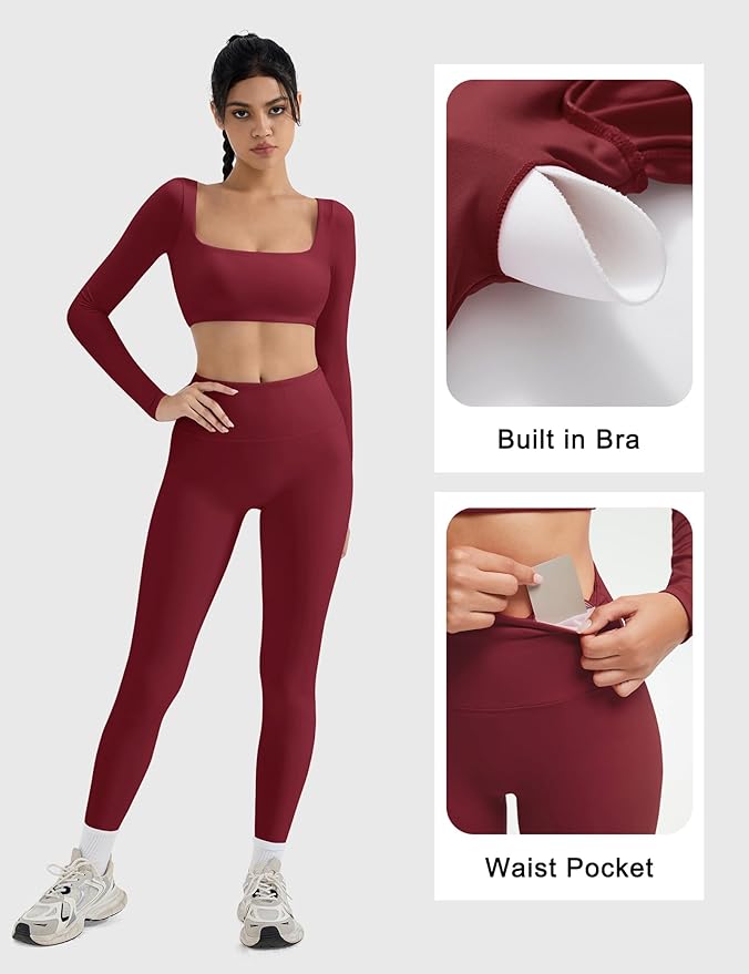 SUUKSESS Women 2 Piece Workout Sets Compression Tummy Control Leggings with Pockets Long Sleeve Square Neck Padded Crop Tops
