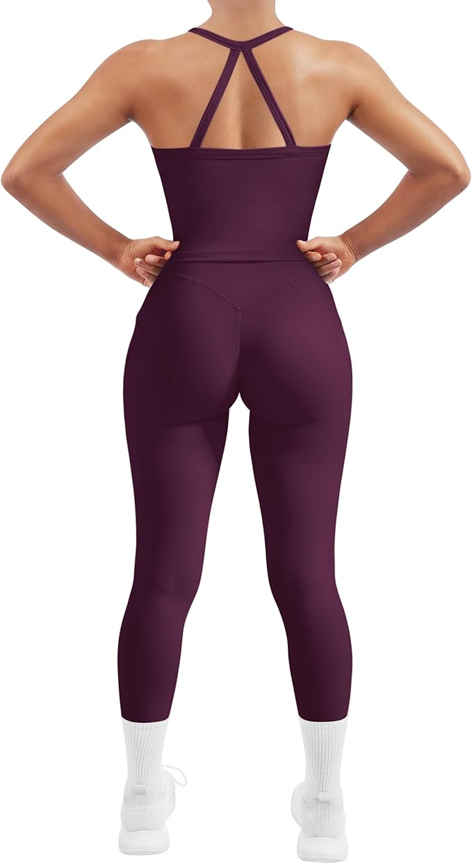 SUUKSESS Women 2 Piece Workout Sets Compression Tummy Control Leggings with Pockets Halter Built in Bra Tank Tops